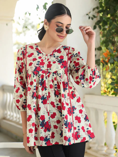 Saheli Cream Pure Cotton Floral Printed A-Line Top