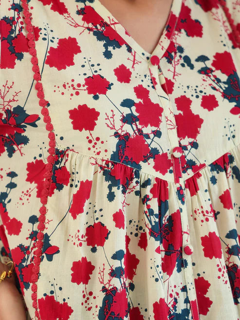 Saheli Cream Pure Cotton Floral Printed A-Line Top