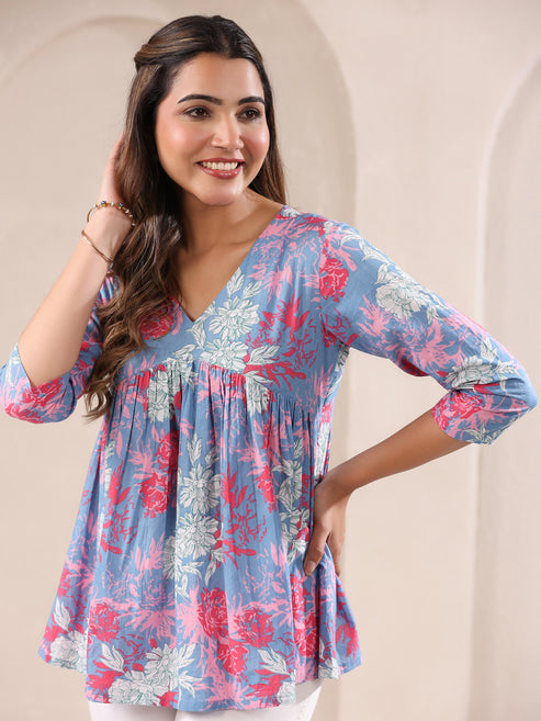 Saheli Women's Blue Pure Cotton Floral Printed A-line Top