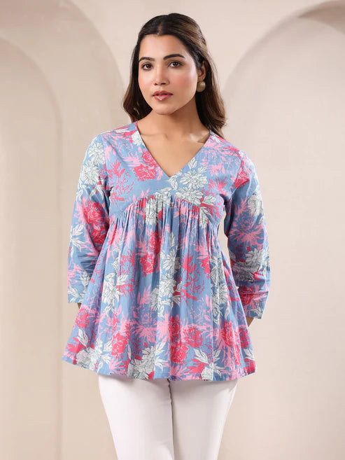 Saheli Women's Blue Pure Cotton Floral Printed A-line Top