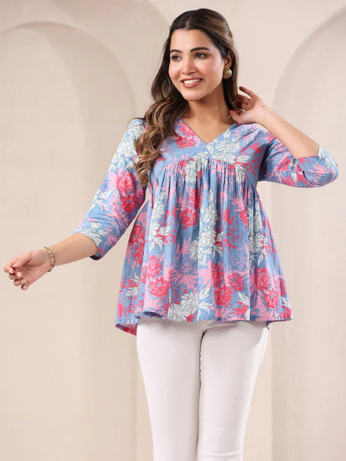 Saheli Women's Blue Pure Cotton Floral Printed A-line Top