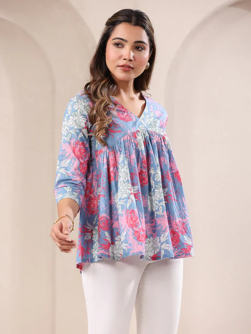 Saheli Women's Blue Pure Cotton Floral Printed A-line Top