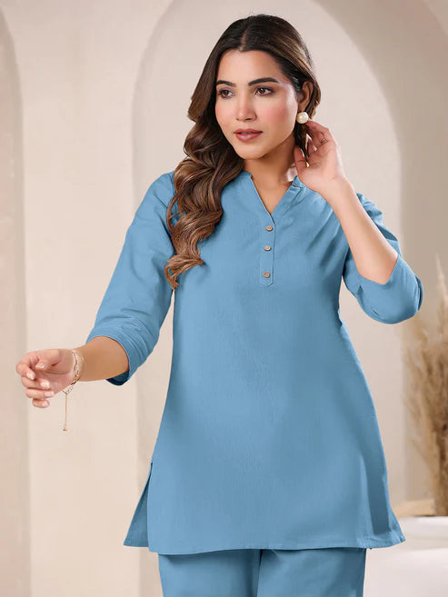 Saheli Light Blue Cotton Blend Solid A-line Top