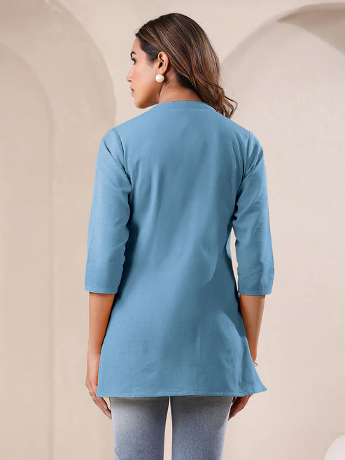 Saheli Light Blue Cotton Blend Solid A-line Top