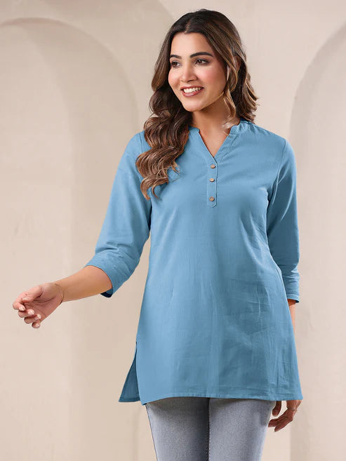 Saheli Light Blue Cotton Blend Solid A-line Top