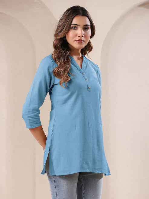 Saheli Light Blue Cotton Blend Solid A-line Top