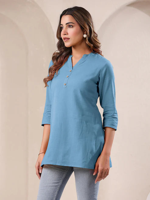 Saheli Light Blue Cotton Blend Solid A-line Top
