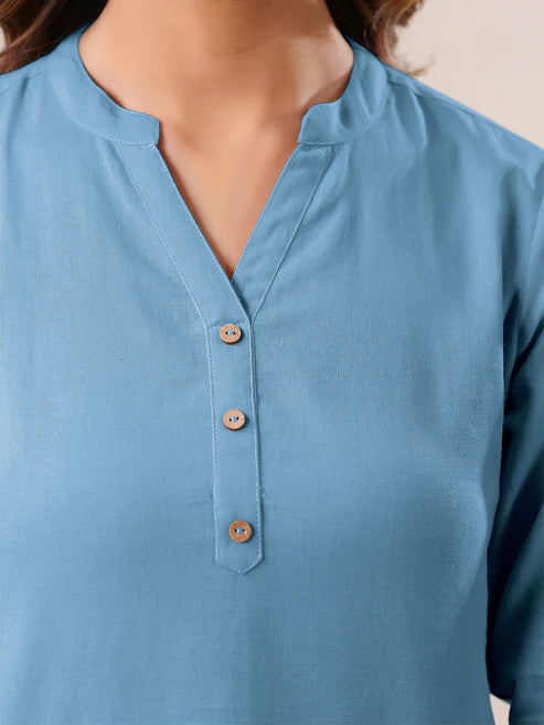 Saheli Light Blue Cotton Blend Solid A-line Top