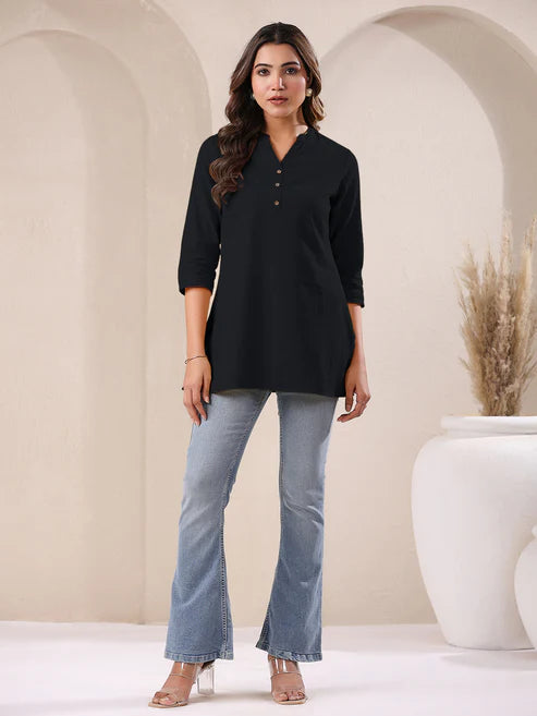 Saheli Black Cotton Blend Solid A-line Top