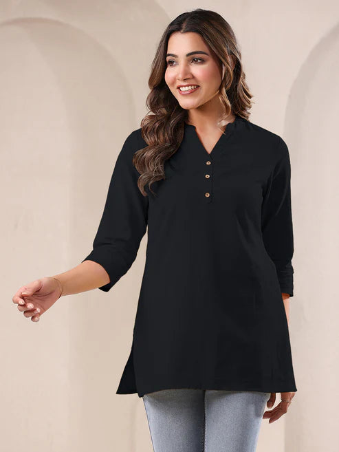 Saheli Black Cotton Blend Solid A-line Top