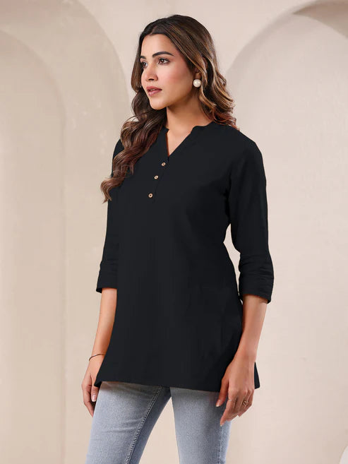 Saheli Black Cotton Blend Solid A-line Top