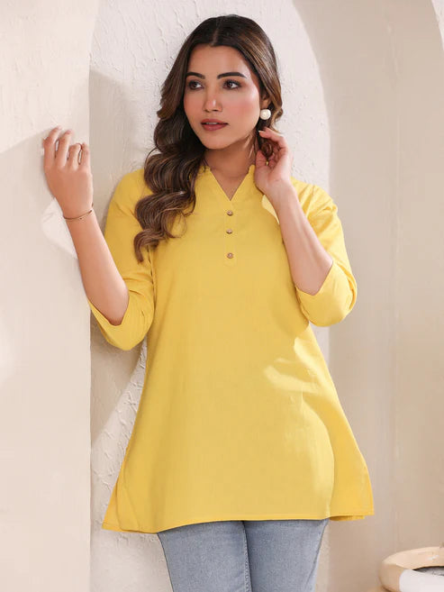 Saheli Yellow Cotton Blend Solid A-line Top
