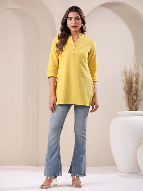 Saheli Yellow Cotton Blend Solid A-line Top