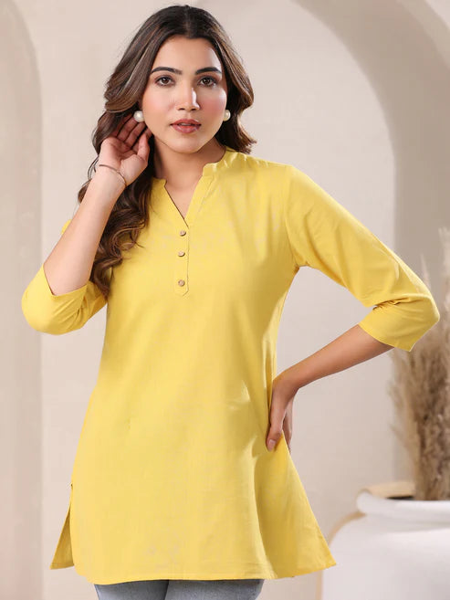 Saheli Yellow Cotton Blend Solid A-line Top