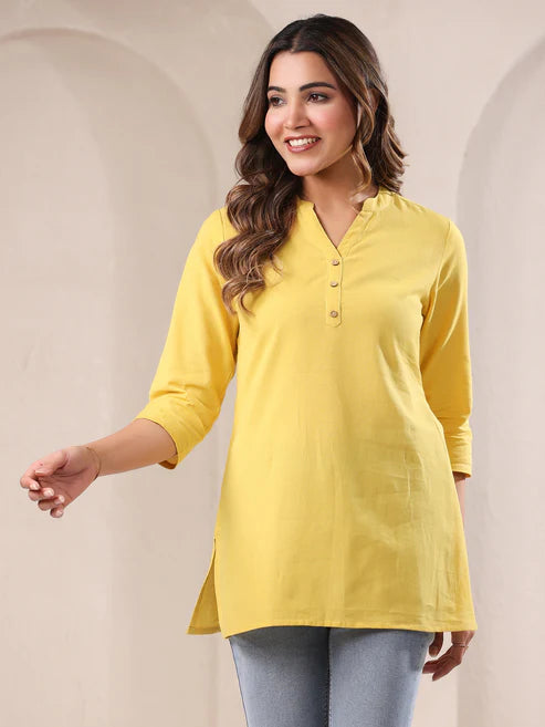 Saheli Yellow Cotton Blend Solid A-line Top