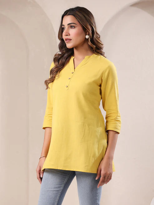 Saheli Yellow Cotton Blend Solid A-line Top