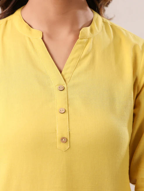 Saheli Yellow Cotton Blend Solid A-line Top