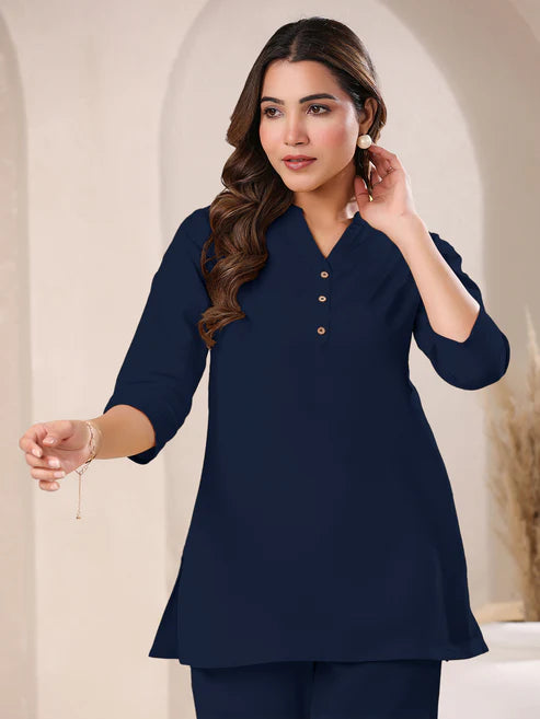 Saheli Navy Blue Cotton Solid A-line Top