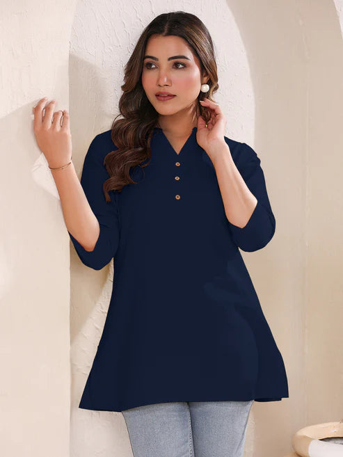 Saheli Navy Blue Cotton Solid A-line Top
