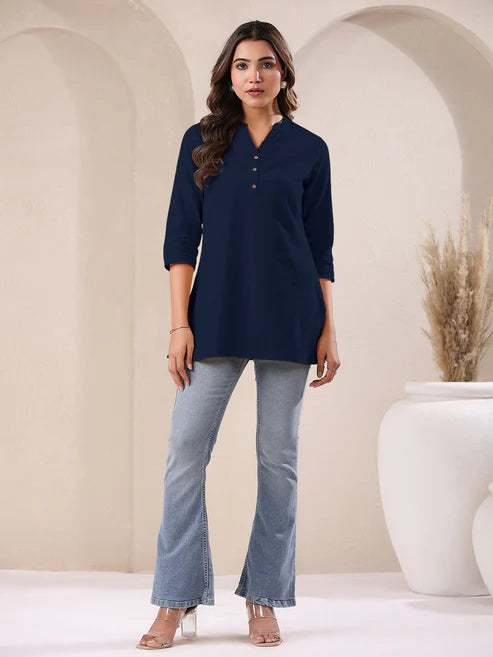 Saheli Navy Blue Cotton Solid A-line Top