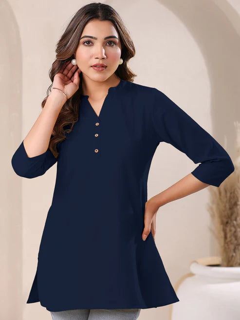 Saheli Navy Blue Cotton Solid A-line Top