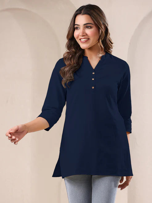 Saheli Navy Blue Cotton Solid A-line Top