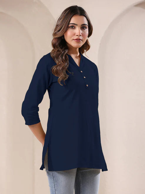 Saheli Navy Blue Cotton Solid A-line Top