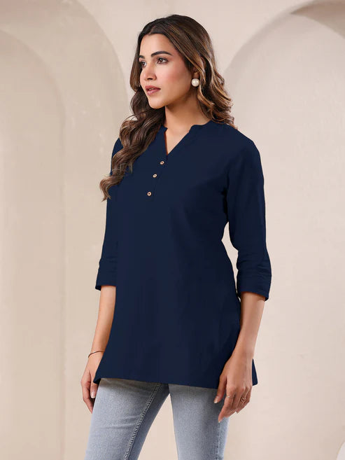 Saheli Navy Blue Cotton Solid A-line Top