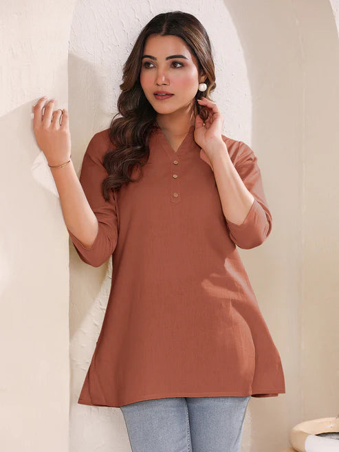 Saheli Rust Cotton Blend Solid A-line Top