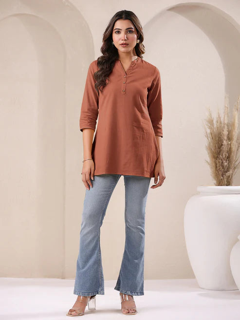 Saheli Rust Cotton Blend Solid A-line Top