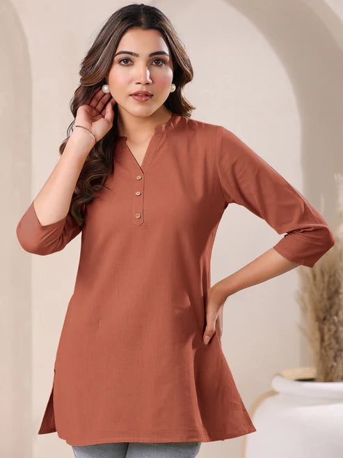 Saheli Rust Cotton Blend Solid A-line Top