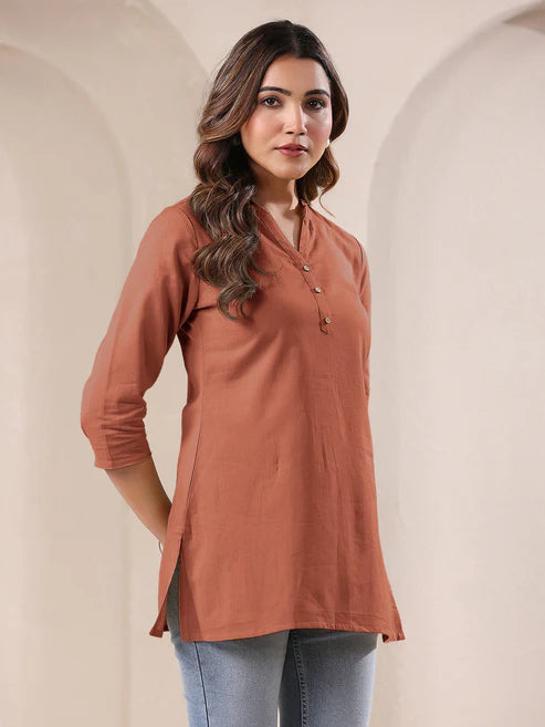 Saheli Rust Cotton Blend Solid A-line Top