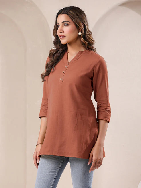 Saheli Rust Cotton Blend Solid A-line Top