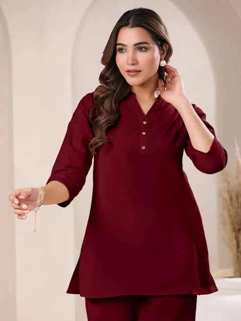 Saheli Maroon Cotton Blend Solid A-line Top
