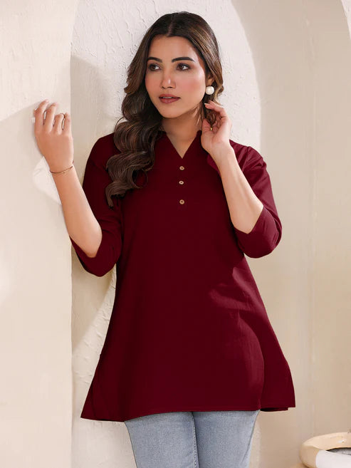 Saheli Maroon Cotton Blend Solid A-line Top