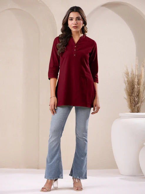 Saheli Maroon Cotton Blend Solid A-line Top