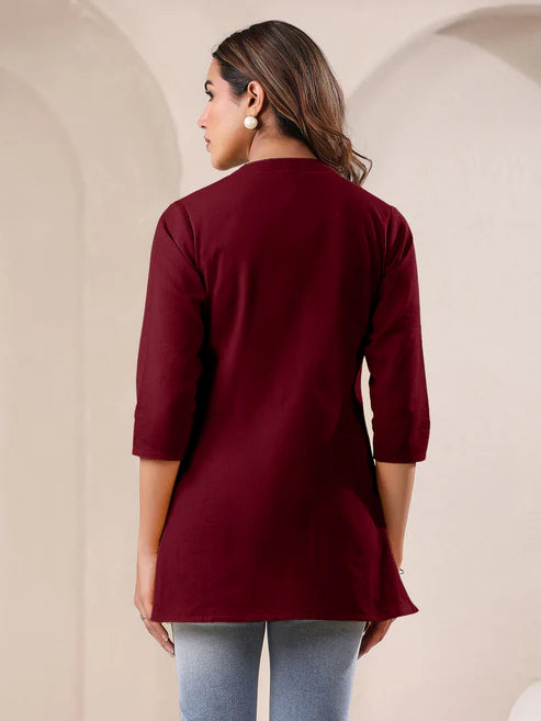Saheli Maroon Cotton Blend Solid A-line Top