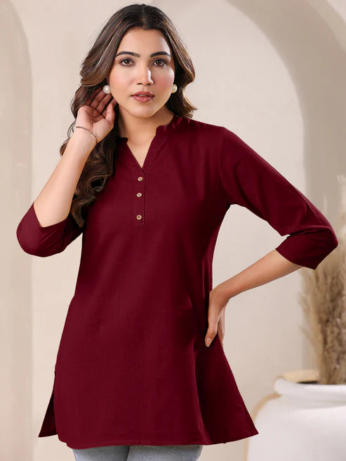 Saheli Maroon Cotton Blend Solid A-line Top