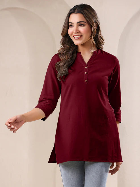 Saheli Maroon Cotton Blend Solid A-line Top