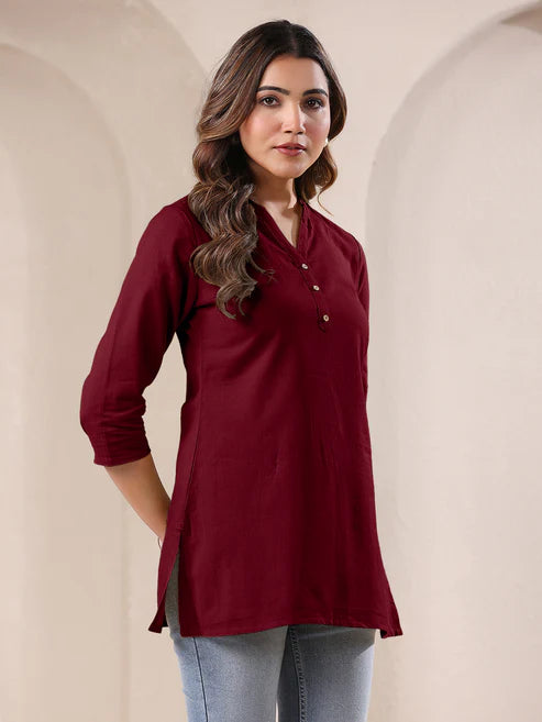 Saheli Maroon Cotton Blend Solid A-line Top