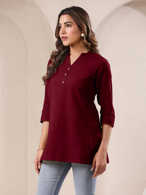 Saheli Maroon Cotton Blend Solid A-line Top