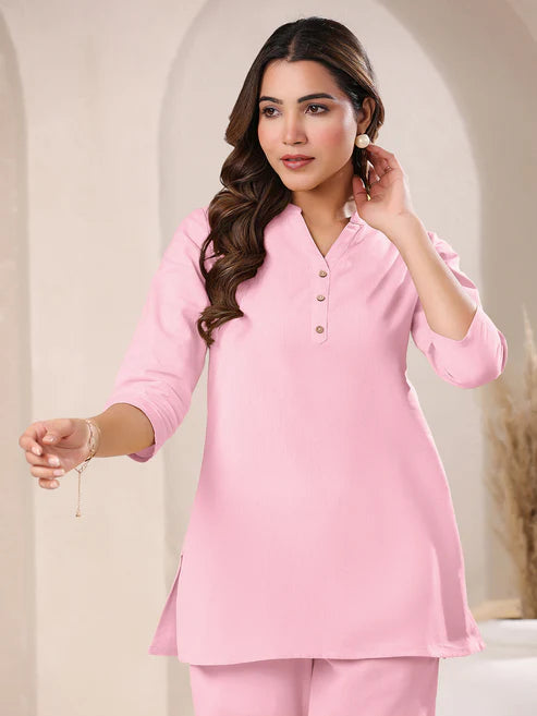 Saheli Pink Cotton Blend Solid A-line Top