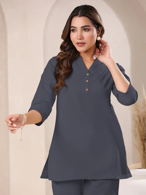 Saheli Grey Cotton Blend Solid A-line Top