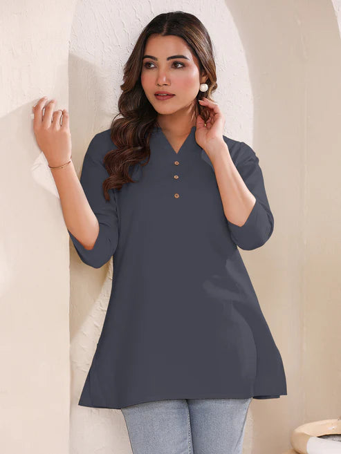 Saheli Grey Cotton Blend Solid A-line Top