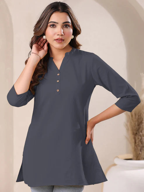 Saheli Grey Cotton Blend Solid A-line Top