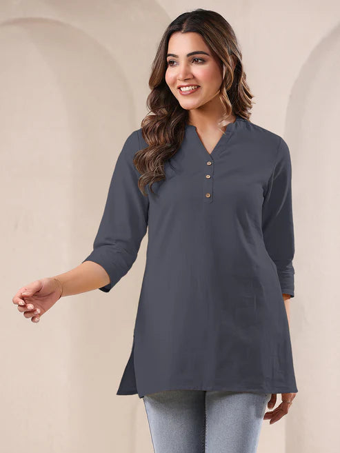 Saheli Grey Cotton Blend Solid A-line Top