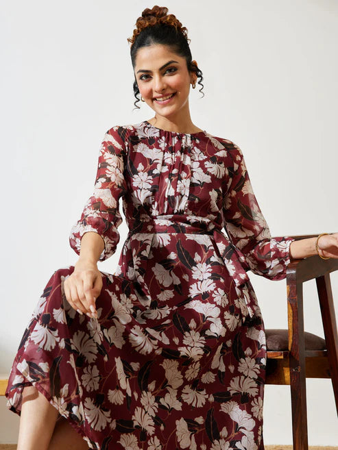 Saheli Women's Brown Chiffon Floral Printed A-line Gathered Dress