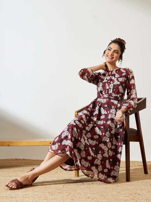 Saheli Women's Brown Chiffon Floral Printed A-line Gathered Dress