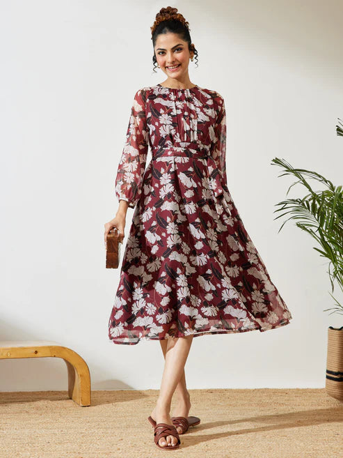 Saheli Women's Brown Chiffon Floral Printed A-line Gathered Dress