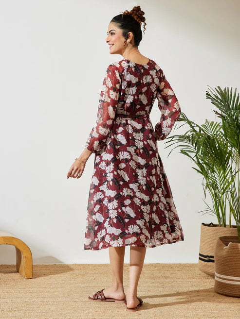 Saheli Women's Brown Chiffon Floral Printed A-line Gathered Dress